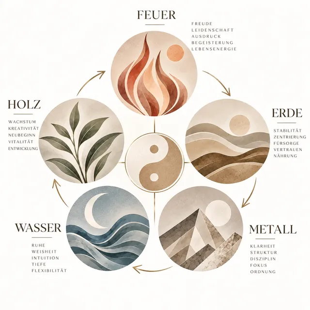 Der Zyklus der fünf Elemente: Holz (Wachstum, Kreativität, Neubeginn), Feuer (Freude, Leidenschaft, Ausdruck), Erde (Stabilität, Zentrierung, Fürsorge), Metall (Klarheit, Struktur, Ordnung) und Wasser (Ruhe, Weisheit, Intuition), in der Mitte Yin und Yang