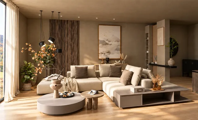 Wohnzimmer in Naturtönen mit Ecksofa, Holzlamellen, Kalkputz und Bergbild im warmen Licht