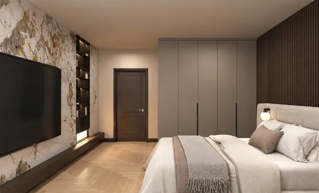 Schlafzimmer mit Natursteinwand, grifflosen Schränken, Holzlamellen und gepolstertem Bett