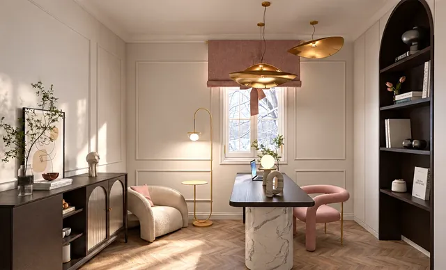 Arbeitszimmer mit Schreibtisch auf Marmorsockel, rosa Polsterstuhl, Regal im Rundbogen und goldenen Pendelleuchten