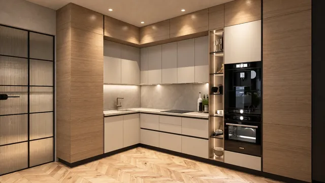 Küche mit Holzfurnier, Fronten in Greige und beleuchteter Glasvitrine