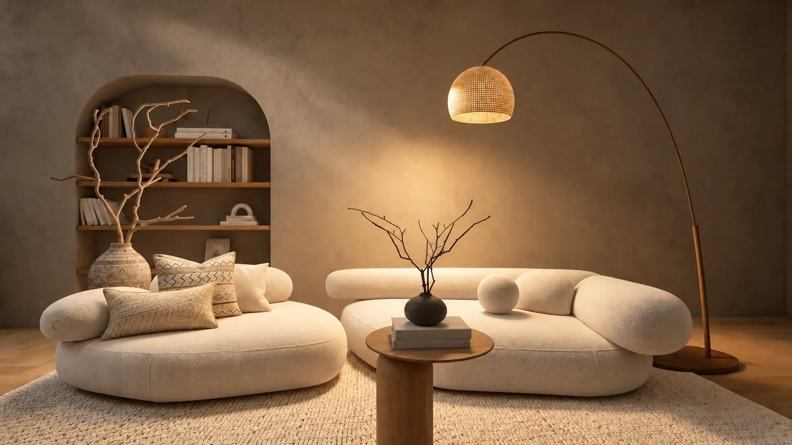 Lounge mit runden Bouclé-Sofas, Rundbogen-Regal und Bogenleuchte in warmem Abendlicht