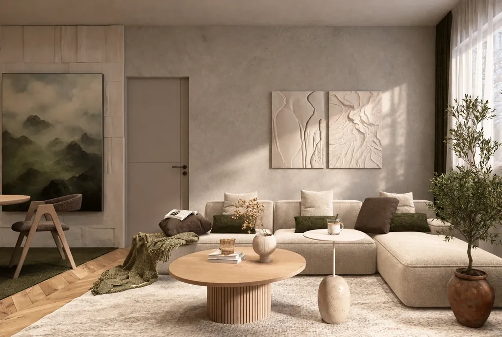 Wohnzimmer mit Bouclé-Sofa, Relief-Kunst, rundem Holztisch und Olivenbaum